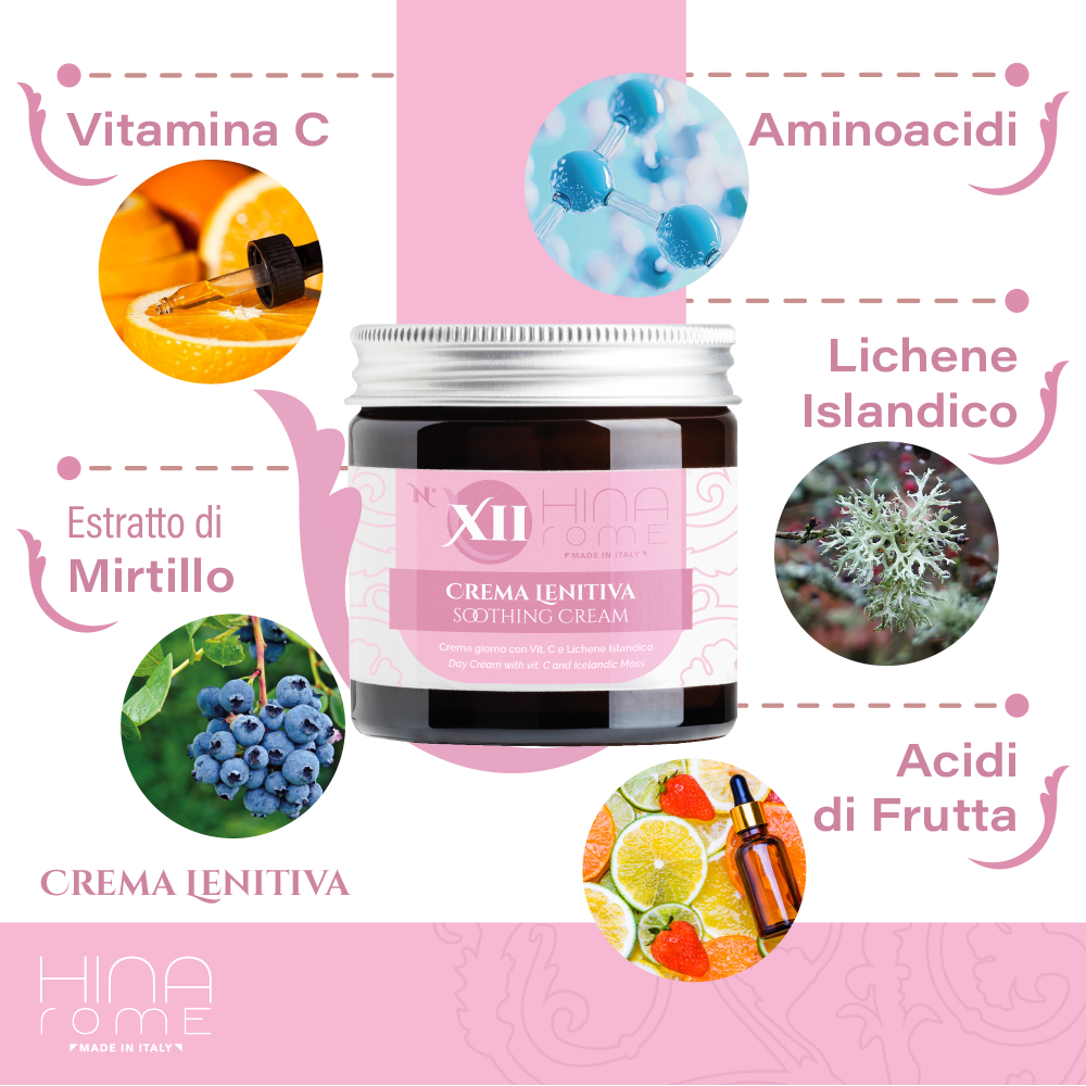 Crema lenitiva anti-rossore per pelli sensibili | HINA ROME N. XII Crema viso naturale con Lichene Islandico e Vitamina C. Lenisce rossori, protegge e riequilibra la pelle sensibile. Made in Italy. | Prodotto a Roma | 60 ml