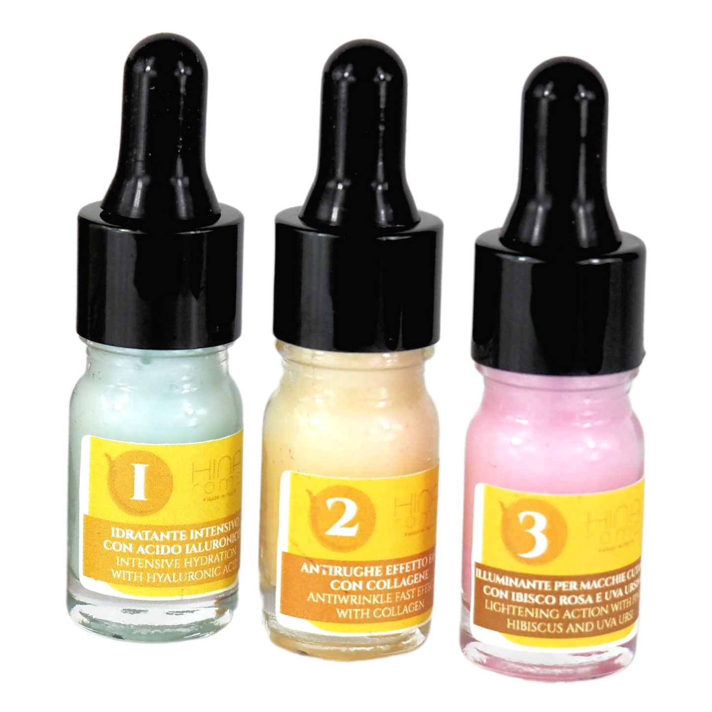 3x Siero Idratante con Acido Ialuronico | 3x Siero Antiage al Collagene Marino | 3x Siero con Ibisco Rosa | Prodotto a Roma | 45 ml