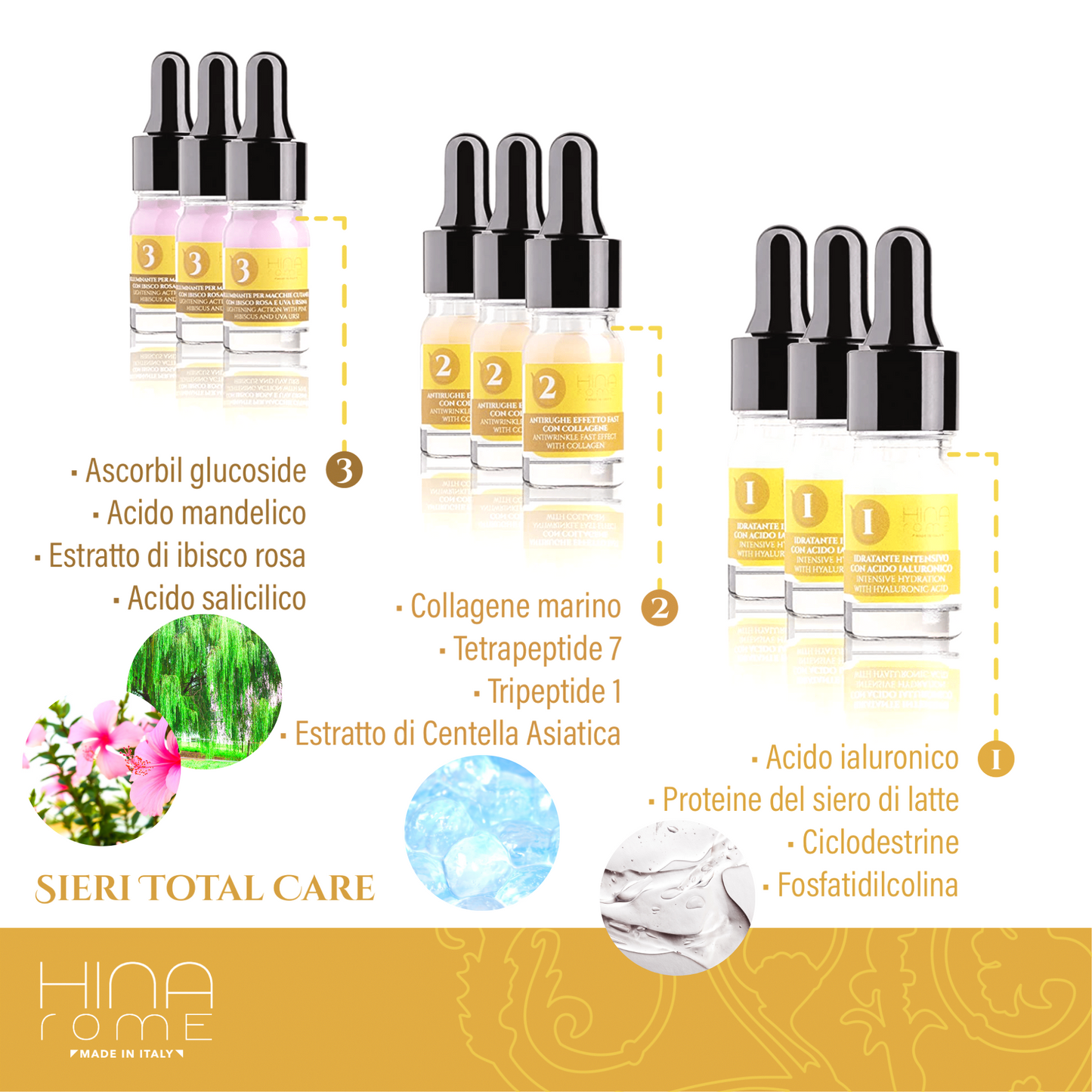 3x Siero Idratante con Acido Ialuronico | 3x Siero Antiage al Collagene Marino | 3x Siero con Ibisco Rosa | Prodotto a Roma | 45 ml