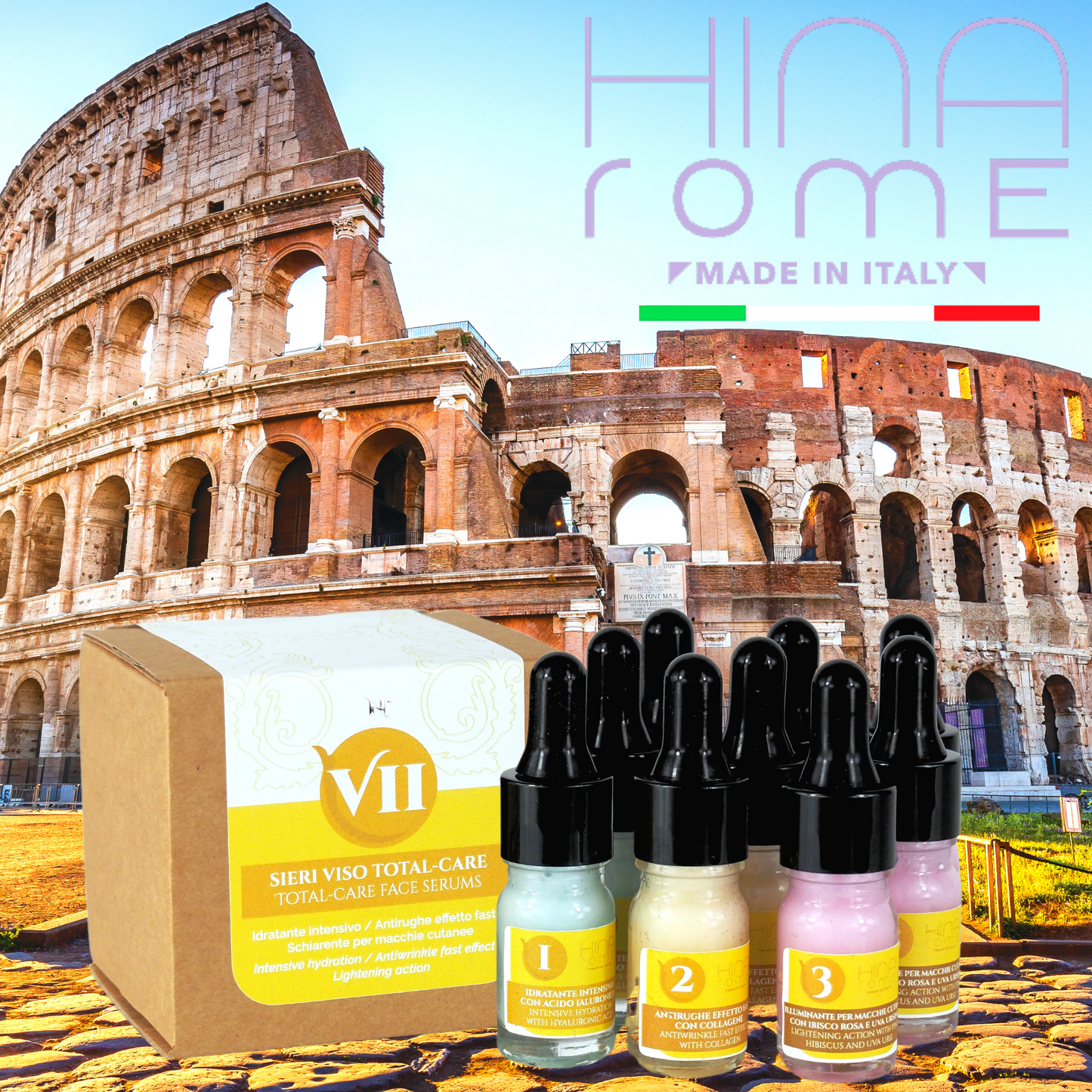 3x Siero Idratante con Acido Ialuronico | 3x Siero Antiage al Collagene Marino | 3x Siero con Ibisco Rosa | Prodotto a Roma | 45 ml