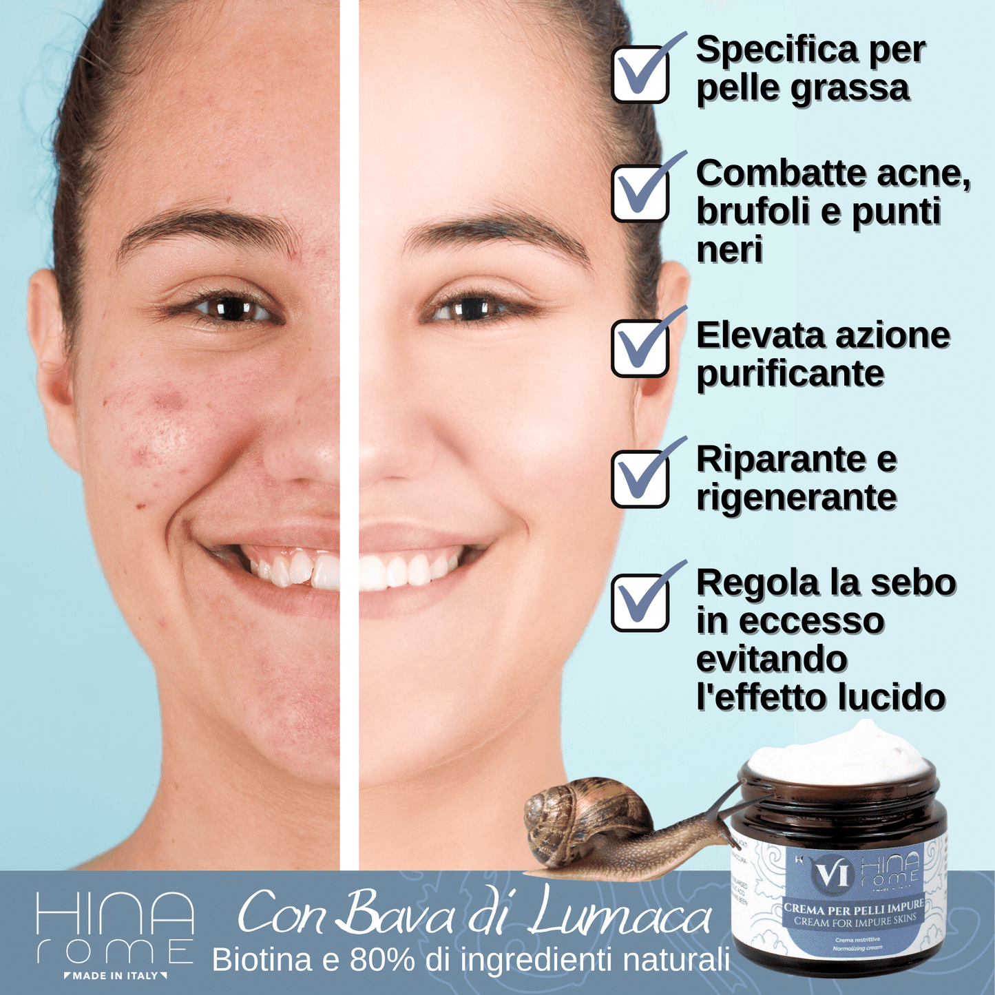 Face Cream for Oily Skin with Snail Slime and Biotin | Made in Rome | 60 ml